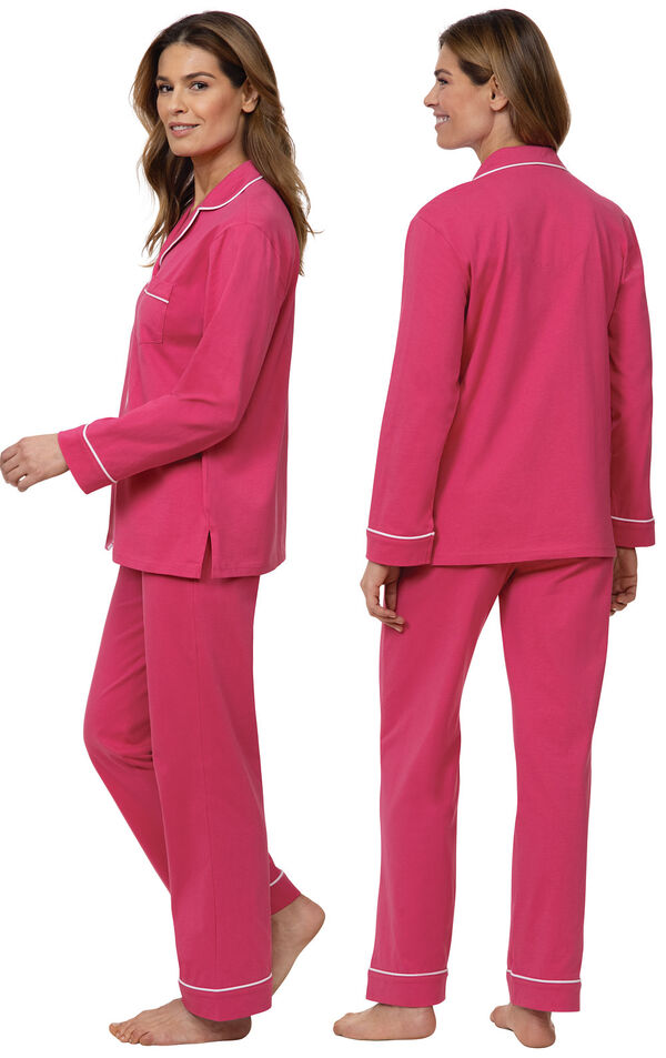 Model wearing bold pink button-front pajamas, facing away from the camera and then to the side image number 1