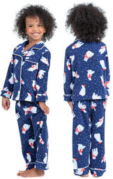 Model wearing Navy Polar Bear Fleece Button-Front PJ for Toddlers, facing away from the camera and then facing to the side image number 1