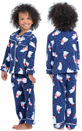 Model wearing Navy Polar Bear Fleece Button-Front PJ for Toddlers, facing away from the camera and then facing to the side