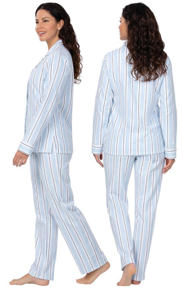 Model wearing Blue Stripe Flannel Button-Front PJ for Women, facing away from the camera and then to the side image number 1