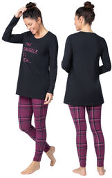 Model wearing Model wearing Long Sleeve and Legging Pajamas - Plum Plaid, facing away from the camera and then facing to the side image number 1