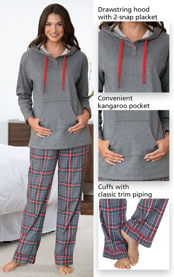 Close ups of Gray Plaid Hooded Women's Pajamas details which include drawstring hood with 2-snap placket, convenient kangaroo pockets and cuffs with classic trim piping image number 3