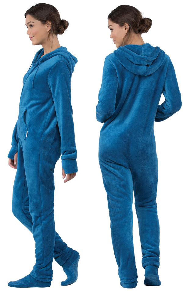 Model wearing Hoodie-Footie - Blue Fleece for Women, facing away from the camera and then to the side image number 1