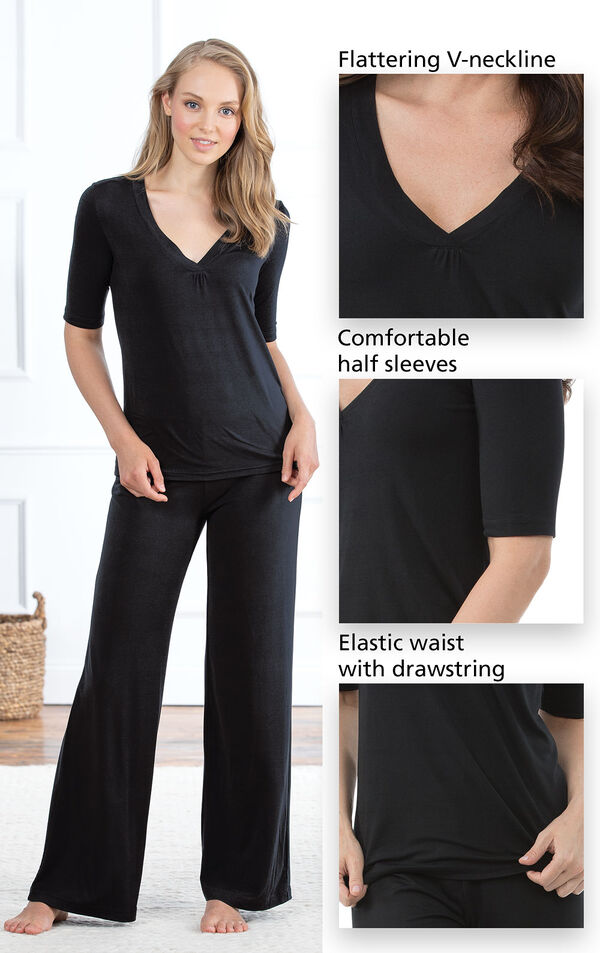 Close-Ups of Nudies PJs features which include a flattering V-neckline, comfortable half sleeves and an elastic, drawstring waist. image number 3