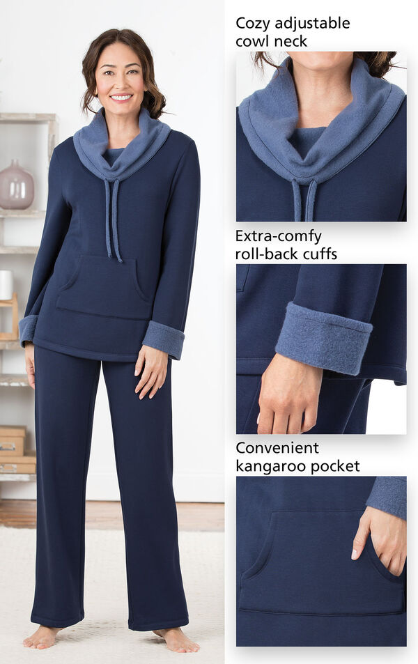 Close-Ups of Navy World's Softest PJs features which include a cozy adjustable cowl neck, extra-comfy, roll-back cuffs and a convenient kangaroo pocket. image number 3