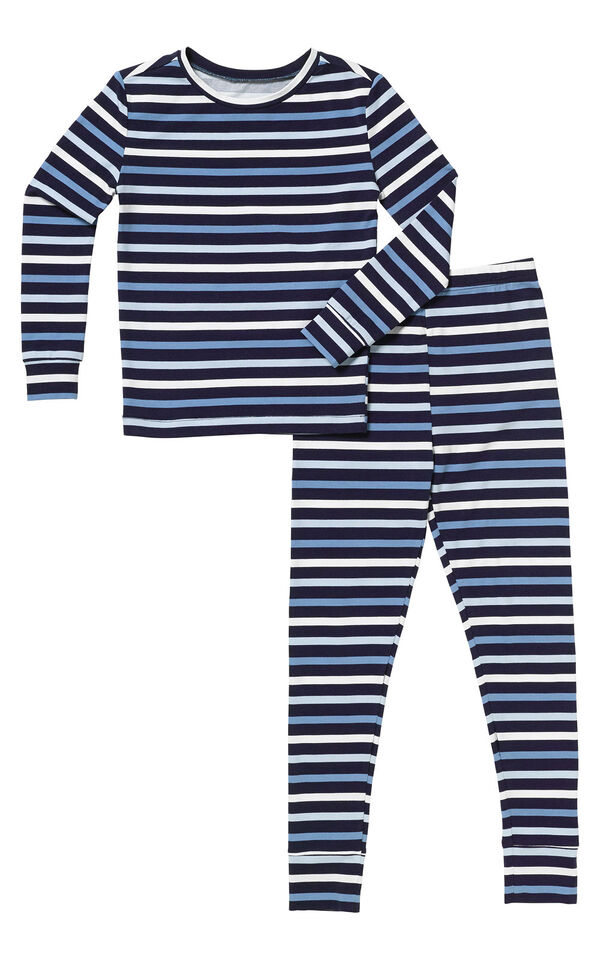 Horizontal Stripe Long-Sleeve Snug Fit Unisex Kids Pajamas - Blue