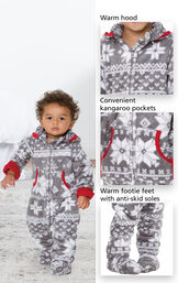 Close-ups of Nordic Hoodie-Footie's features which include a warm hood, convenient kangaroo pockets and warm footie feet with anti-skid soles image number 2