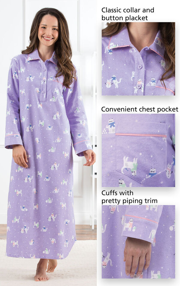 Close-up of Purrfect Flannel Nighty - Purple Details which include a classic collar and button placket, convenient chest pocket and cuffs with pretty piping trim image number 3