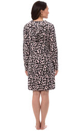 Model wearing Pink Black Leopard Print Sleepshirt - Hood for Women, facing away from the camera image number 1