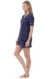 Model wearing Navy Classic Polka-Dot Shorts Set, facing to the side image number 1