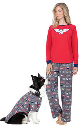 Models wearing Red and Blue Justice League Pajamas for Pets and Owners image number 0