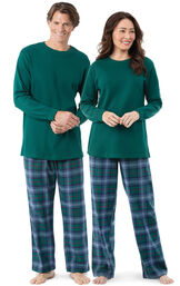Models wearing Green and Blue Plaid Matching Pajamas for Him and Her image number 0