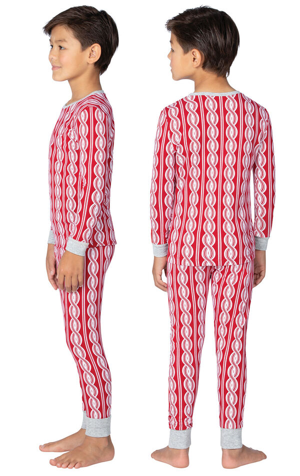 Model wearing Red and White Peppermint Twist PJ for Kids, facing away from the camera and then to the side image number 1