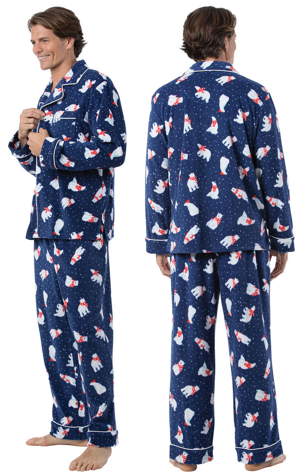 Model wearing Navy Polar Bear Fleece Button-Front PJ for Men, facing away from the camera and then to the side