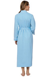 Model wearing Blue with White Polka Dot Wrap Robe for Women, facing away from the camera image number 1