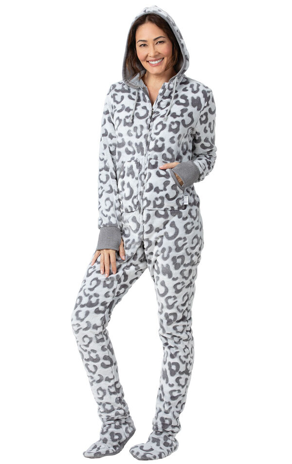 Model wearing Hoodie-Footie - Embossed Leopard Fleece for Women image number 0