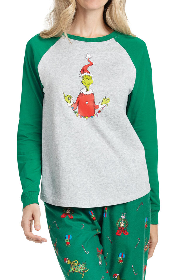 Close up of Dr. Seuss The Grinch Women's Pajamas image number 3