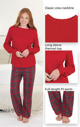 Close-ups of Stewart Plaid Thermal-Top Pajamas which include a classic crew neckline, long-sleeve thermal top and full-length PJ pants image number 5