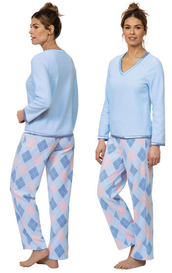 Model wearing Blue and Pink Argyle PJ for Women, facing away from the camera and then to the side