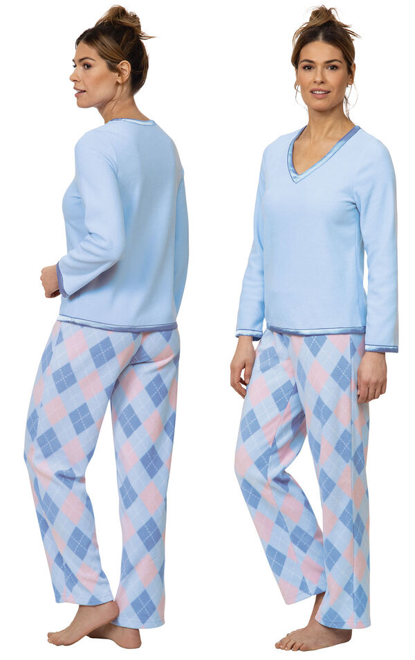 Model wearing Blue and Pink Argyle PJ for Women, facing away from the camera and then to the side image number 1