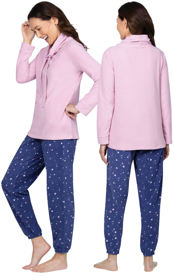 Model wearing Blue Stars - Pink Top Fleece Jogger PJ for Women, facing away from the camera and then to the side image number 1