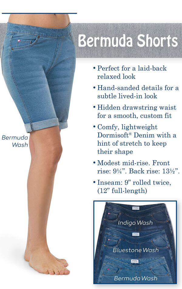 Hand-sanded details for a subtle lived in look. Hidden drawstring waist. Comfy, lightweight Dormisoft Denim with a hint of stretch. Modest mid-rise. Front rise: 9.25''; Back rise: 13.5''. Inseam: 9'' rolled twice (12'' full length)