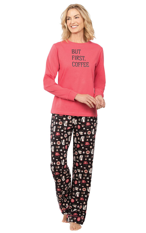 Model wearing Black and Pink Coffee PJ with Graphic Tee for Women image number 0