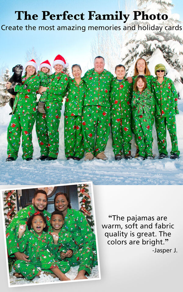 Customer photos of Green Charlie Brown Christmas Button-Front matching family pajamas with the following copy: The Perfect Family Photo. Create the most amazing memories. image number 3