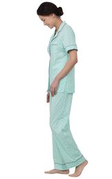 Model wearing Mint and Gray Polka Dot Short Sleeve Button-Front PJ for Women, facing to the side image number 2