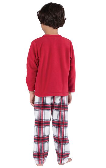 Model wearing Red and White Plaid Fleece PJ for Youth, facing away from the camera