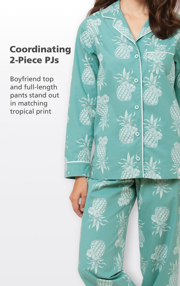 Coordinating 2-Piece PJs - Boyfriend top and full-length pants stand out in matching tropical print image number 3
