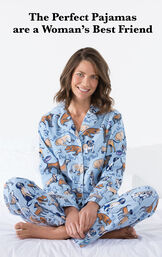 Model sitting cross-legged wearing Dog Tired Boyfriend Flannel Pajamas with the following copy: The Perfect Pajamas are a Woman's Best Friend image number 3