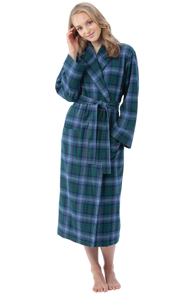 Model wearing Green and Blue Plaid Long Robe for Women image number 0
