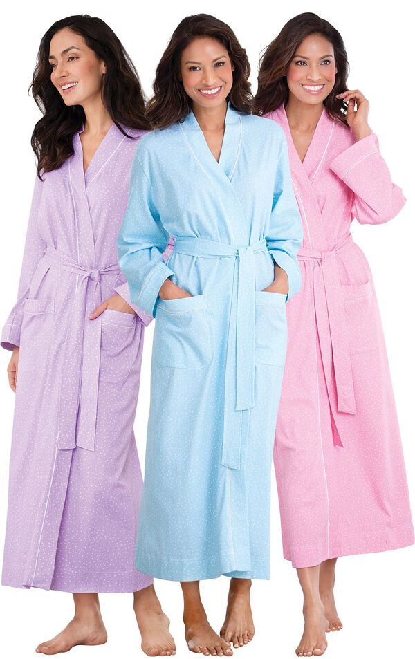Models wearing Classic Polka-Dot Robe - Lavender, Classic Polka-Dot Robe - Pink and Classic Polka-Dot Robe - Blue. image number 0