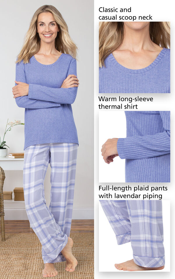 World's Softest Flannel Pullover Pajamas - Lavender Plaid feature a classic and casual scoop neck, warm long-sleeve thermal shirt and full-length plaid pants with pretty piping image number 4