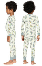 Model wearing Green Pine Tree PJ for Toddlers, facing away from the camera and then to the side image number 1
