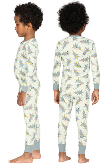 Model wearing Green Pine Tree PJ for Toddlers, facing away from the camera and then to the side