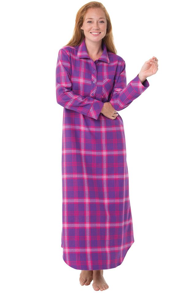 Model wearing Pink and Purple Bright Plaid Gown for Women image number 0