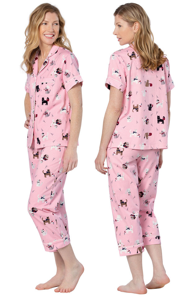 Model wearing Pink Kitty Print Short Sleeve Button-Front Capri PJ for Women, facing away from the camera and then to the side image number 1