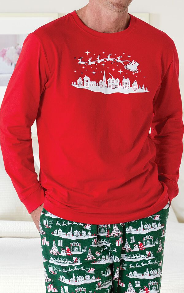 Close-up of the Red Long-Sleeve shirt with white graphic on The Night Before Christmas Men's Pajamas image number 2