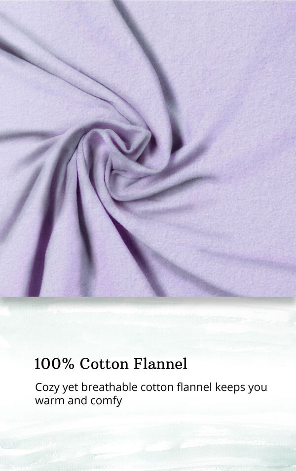 Light purple fabric swatch with the following copy: cozy yet breathable cotton flannel keeps you warm and comfy image number 5