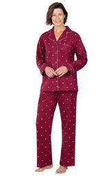 Model wearing Deep Red Hearts Flannel Button-Front PJ for Women  image number 1