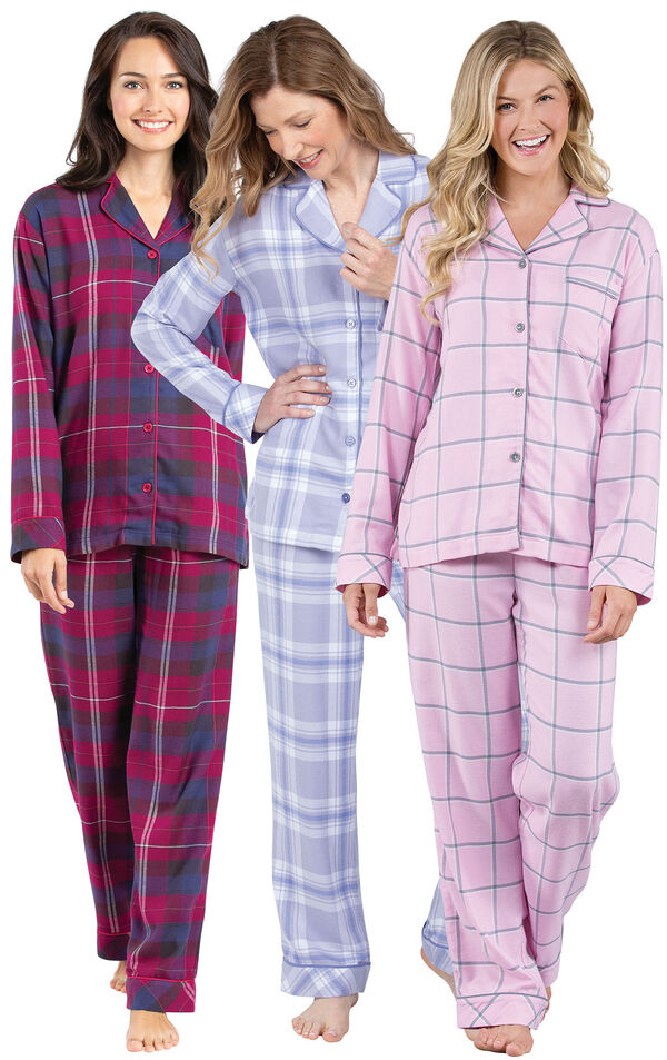 Models wearing Lavender Plaid, Pink Plaid and Black Cherry Plaid World's Softest Flannel Boyfriend Pajamas. image number 0