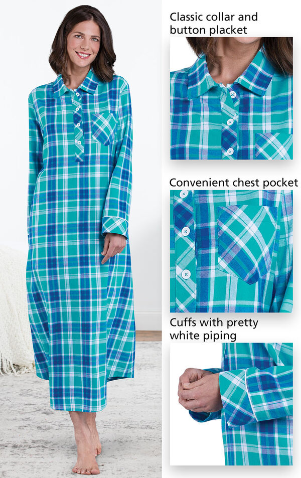 Close-ups of the features of Wintergreen Plaid Flannel Nighty which include a classic collar and button placket, convenient chest pocket and cuffs with pretty white piping image number 3
