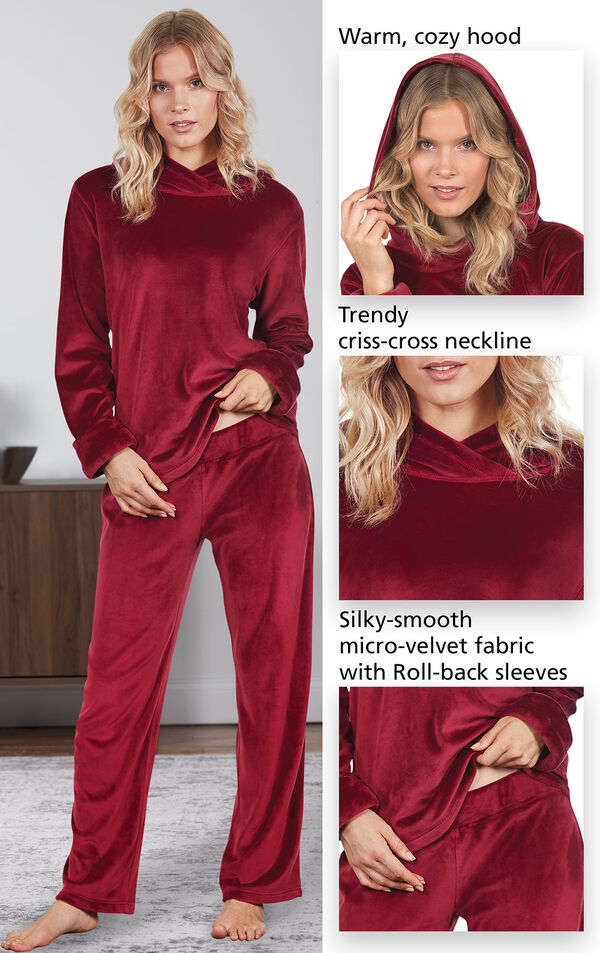 Close-Ups of Tempting Touch PJs features which include a warm, cozy hood, trendy criss-cross neckline and silky-smooth micro-velvet fabric with roll-back sleeves image number 4