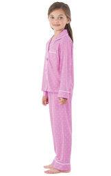 Model wearing Lavender and White Polka Dot Button-Front PJ for Youth, facing to the side image number 2