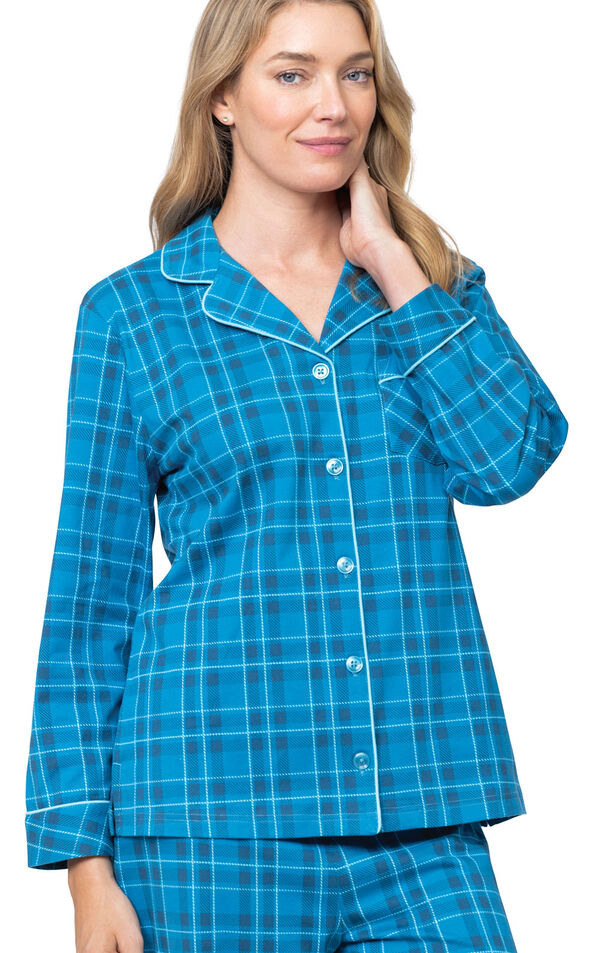 Plaid Jersey Button-Front Pajamas - Blue image number 2