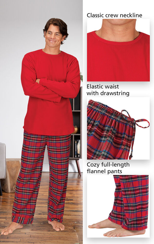 Close-ups of the features of Stewart Plaid Thermal-Top Men's Pajamas which include a classic crew neckline, elastic waist with drawstring and cozy full-length flannel pants image number 3