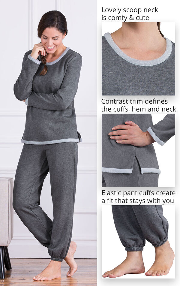 Close-Ups of World's Softest Jogger PJs features which include a lovely scoop neck, contrast trim that defines the cuffs, hem and neck and Elastic pants cuffs that create a fit that stays with you image number 5