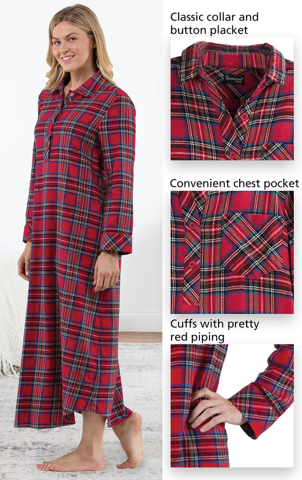 Close-ups of Stewart Plaid Flannel Nighty features which include a classic collar and button placket, convenient chest pocket and cuffs with pretty red piping image number 3